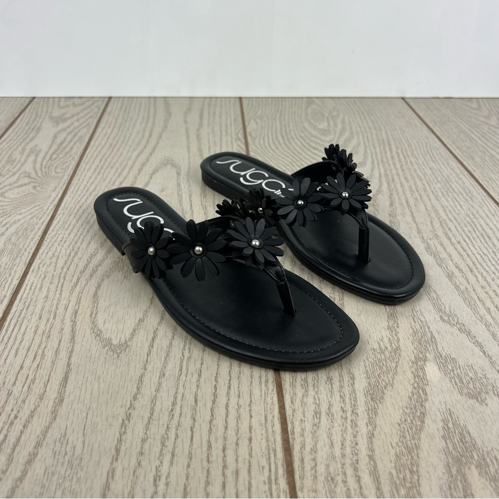 Sugar Women's Finnesse Floral Daisy Strap Flat Sandals 8M Black $40
